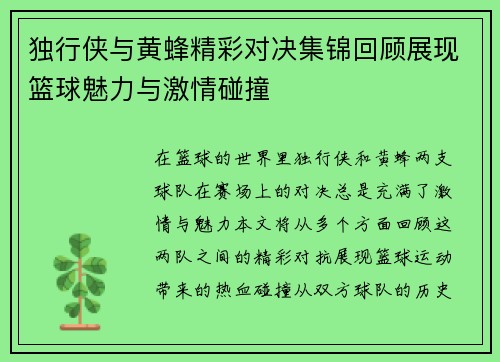 独行侠与黄蜂精彩对决集锦回顾展现篮球魅力与激情碰撞